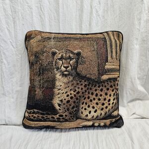 Vtg Leopard Jaguar Tapestry Throw Pillow Jungle Cat Safari Serengeti 16" Double